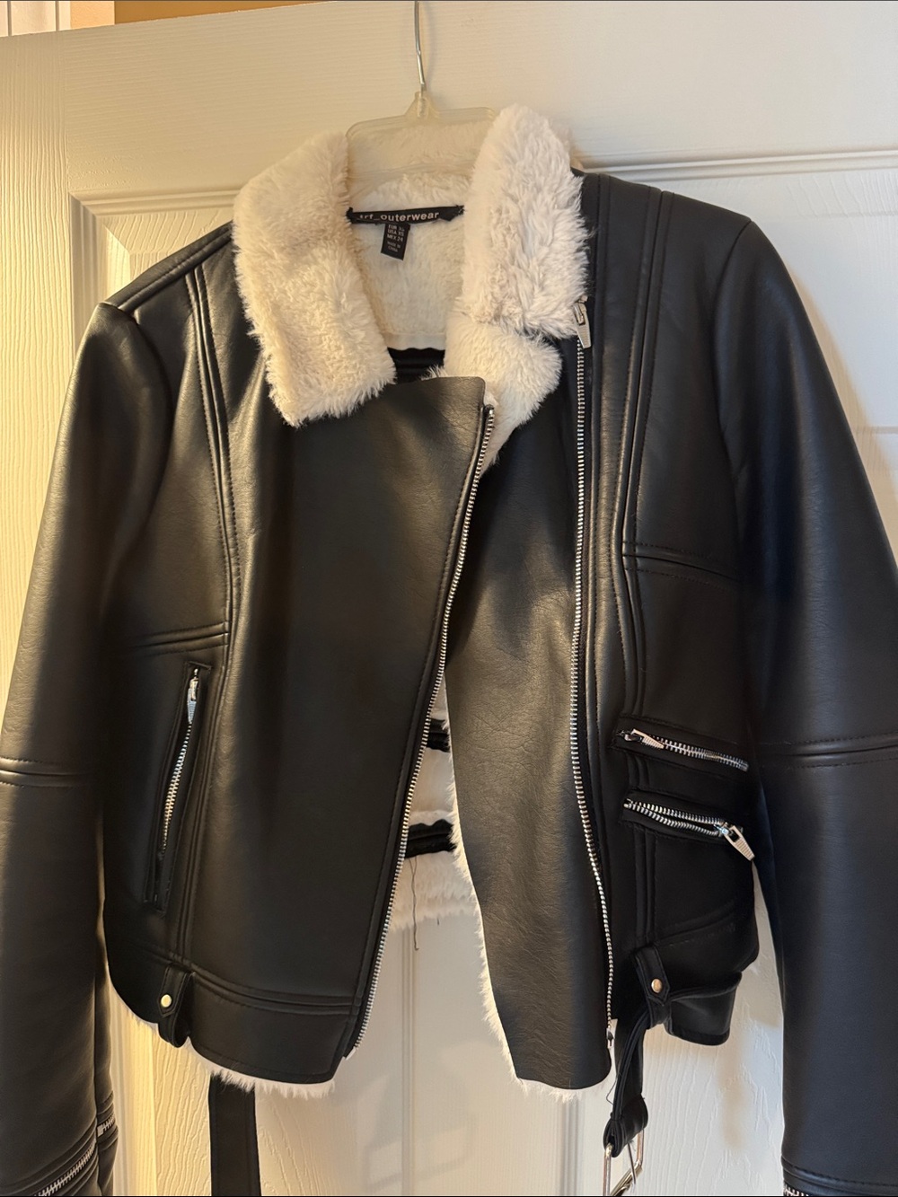 Faux Leather Black Moto Jacket with Cream Sherpa Collar